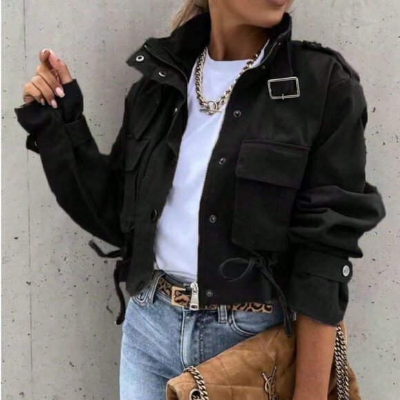 Black Casual Women Long Sleeve Front Zipper Jacket with Pockets - Picture 3 of 7